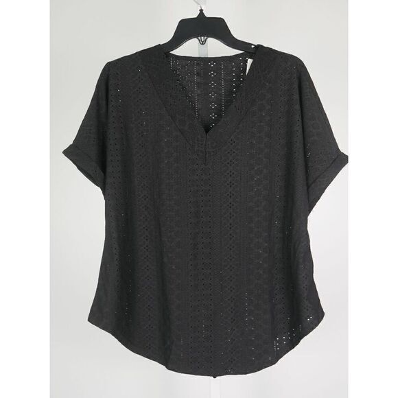 Women's Black Eyelet V-neck Short Sleeve Top XXL - Picture 2 of 8
